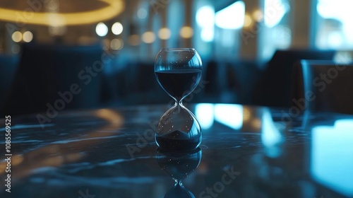Artistic hourglass with black sand resting on a stylish marble table inside a modern, softly lit cafe, symbolizing the passage of time and reflection in a serene atmosphere