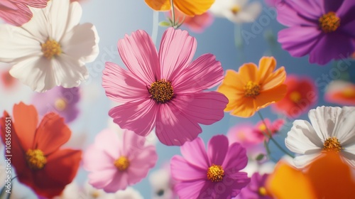 A bouquet of vividly colored flowers floating in mid-air, with soft sunlight highlighting their bright petals. Dreamlike, soft focus, bright tones. ,closes up