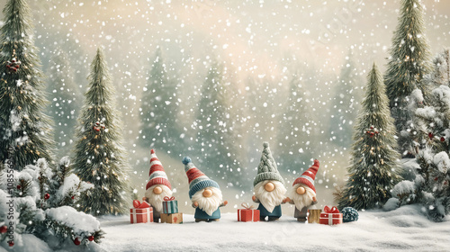 Four adorable gnomes, each holding a present, stand on the snow surrounded by fir trees. Snow is falling, creating a happy, festive atmosphere.
