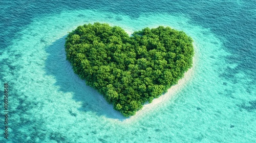 Paradise Found: Aerial View of Heart-Shaped Island in Turquoise Waters Surrounded by Lush Greenery, Romance and Escapism Concept. Ultra-Detailed.