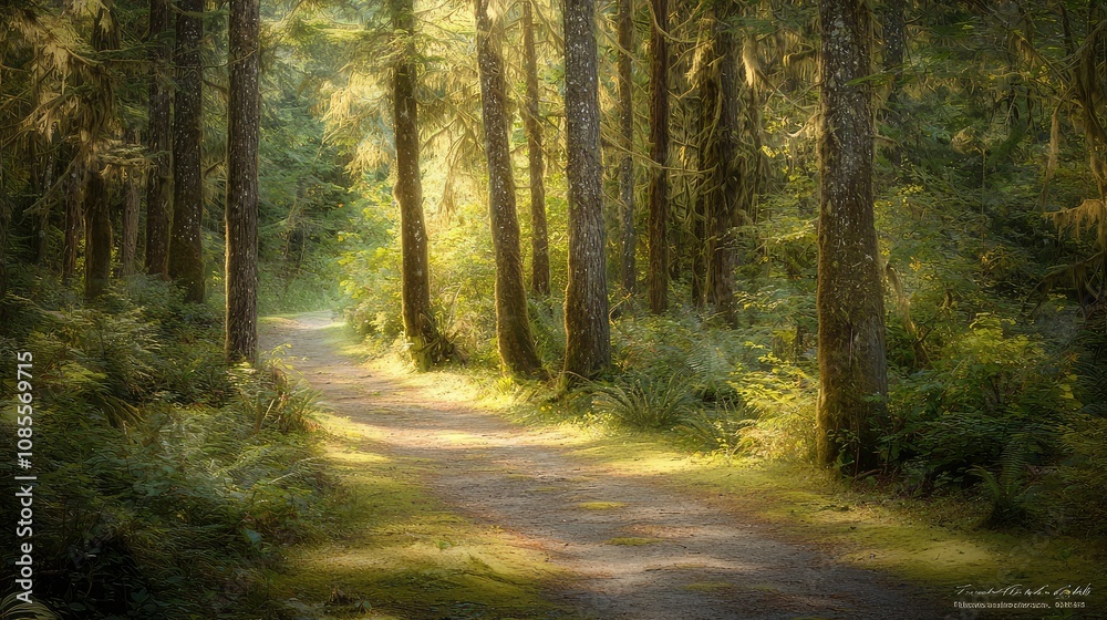 Obraz premium Serene Forest Path with Sunlight Filtering Through Trees