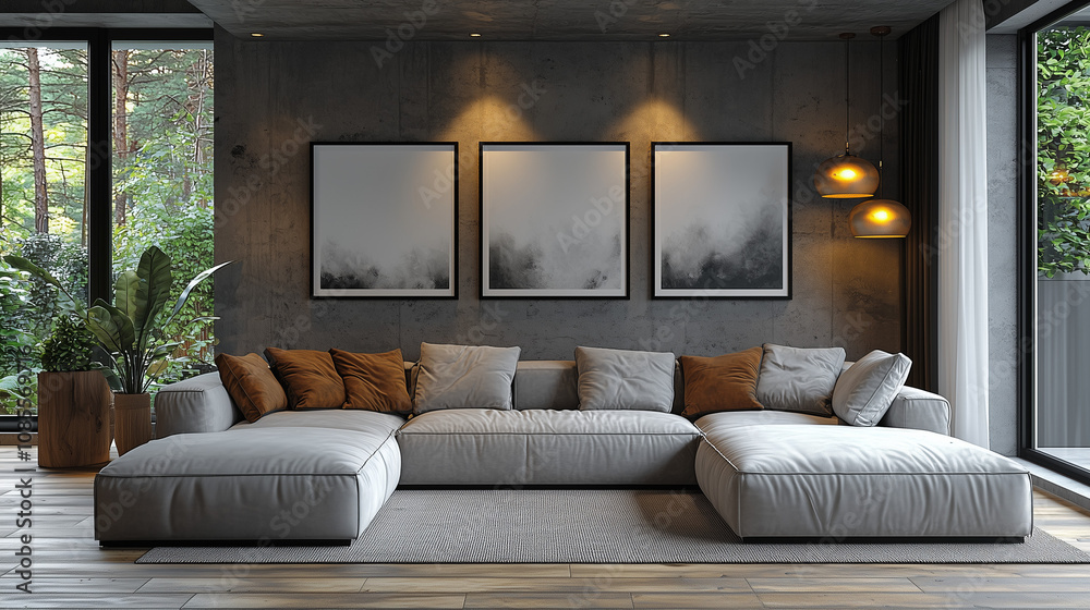 Fototapeta premium Modern Living Room Design: Tranquil sanctuary. Grey sectional sofa, forest view, contemporary art, warm lighting. Relaxing atmosphere.