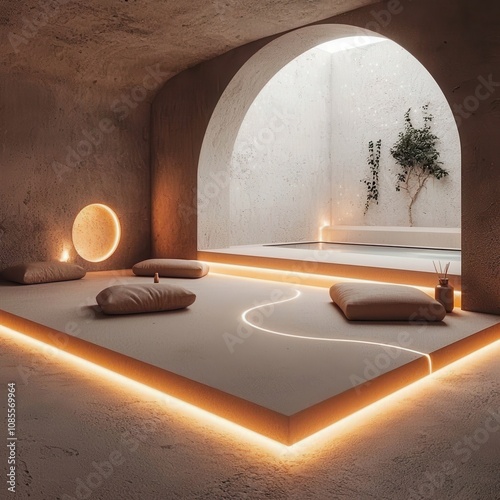 A luxurious spa room with AI-controlled lighting and a glowing infinity pool, surrounded by modern minimalist decor. Soft lighting, neutral tones, modern design. photo