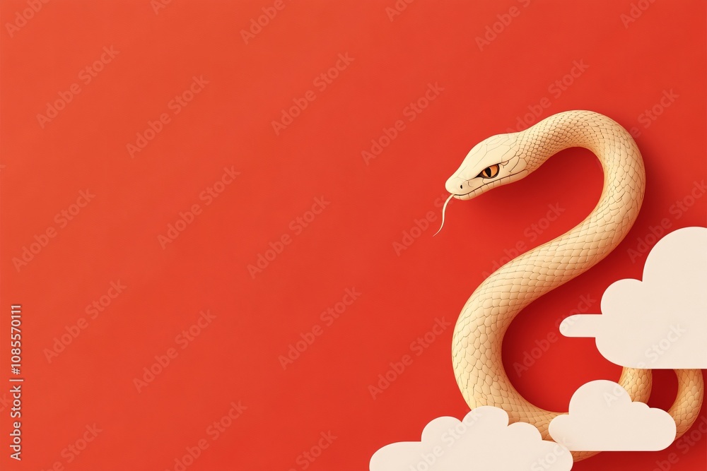 Fototapeta premium Dynamic Gold Snake with 2025 New Year Greeting on Red Background