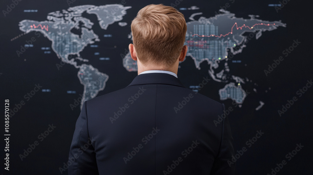 businessman in suit observes digital screens displaying world map, analyzing data trends and market movements with focus and determination businessman in suit observes digital screens displaying world map, analyzing data trends and market movements with focus and determination
