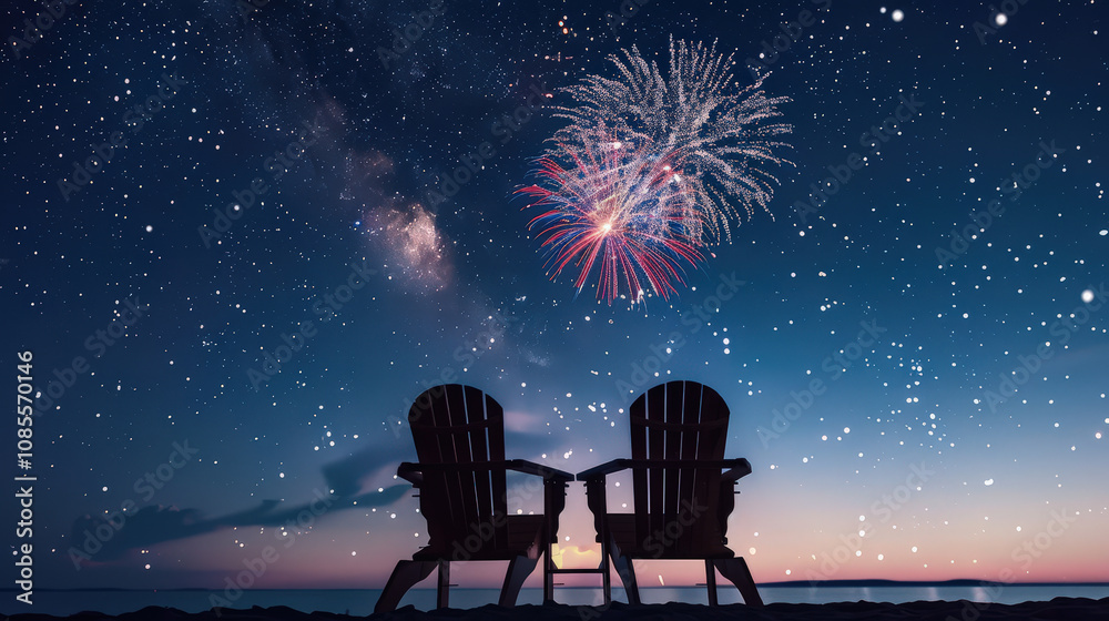 Fototapeta premium fireworks over chairs on beach