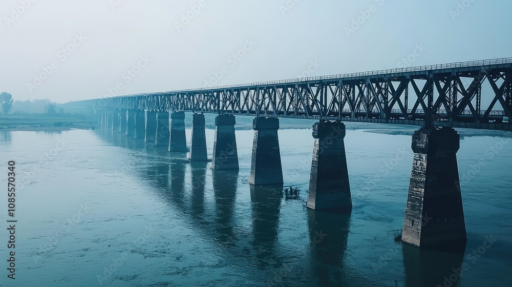 Obraz premium Scenic Railway Bridge Spanning Across Tranquil Waters