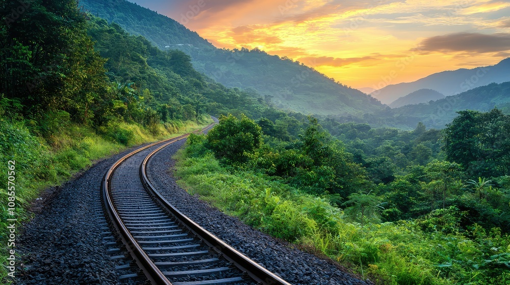 Winding Scenic Railway Track in Lush Mountains Winding Scenic Railway Track in Lush Mountains