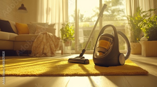 Modern Home Interior with Vacuum Cleaner on Yellow Carpet, Sunlight Streaming Through Windows, Cozy Living Room Atmosphere, Stylish Furniture and Decor Elements