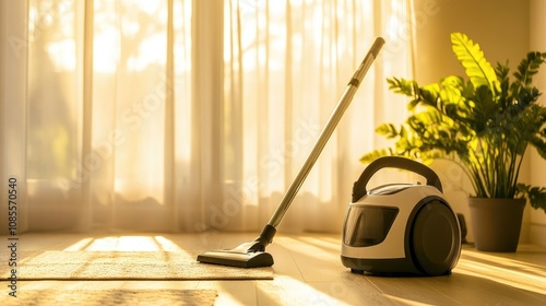 Serene Indoor Scene with Vacuum Cleaner and Sunlight Streaming Through Sheer Curtains, Highlighting a Clean and Tidy Living Space with Indoor Plants
