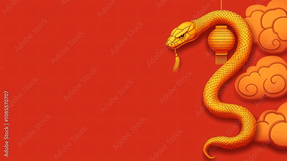 Obraz premium Golden Snake Coiled Around Chinese Lantern for Good Fortune in 2025