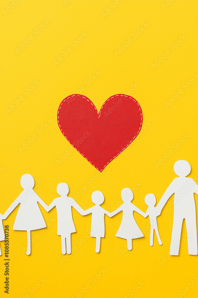 Herz und Familie aus Papiersilhouetten auf gelbem Hintergrund

