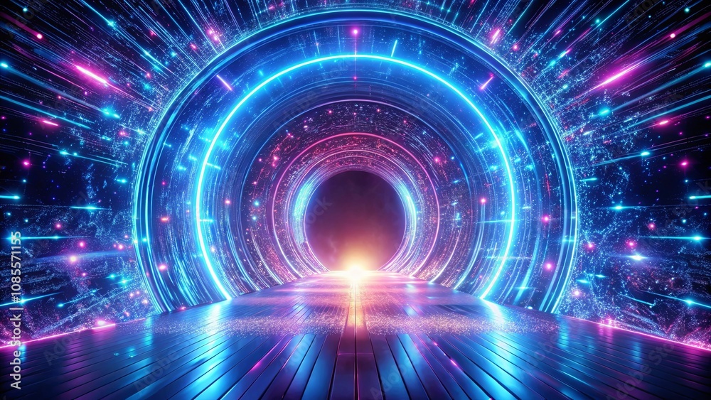 A Futuristic Portal of Light with Shimmering Blue and Pink Glowing Rings and a Wooden Plank Floor A Futuristic Portal of Light with Shimmering Blue and Pink Glowing Rings and a Wooden Plank Floor