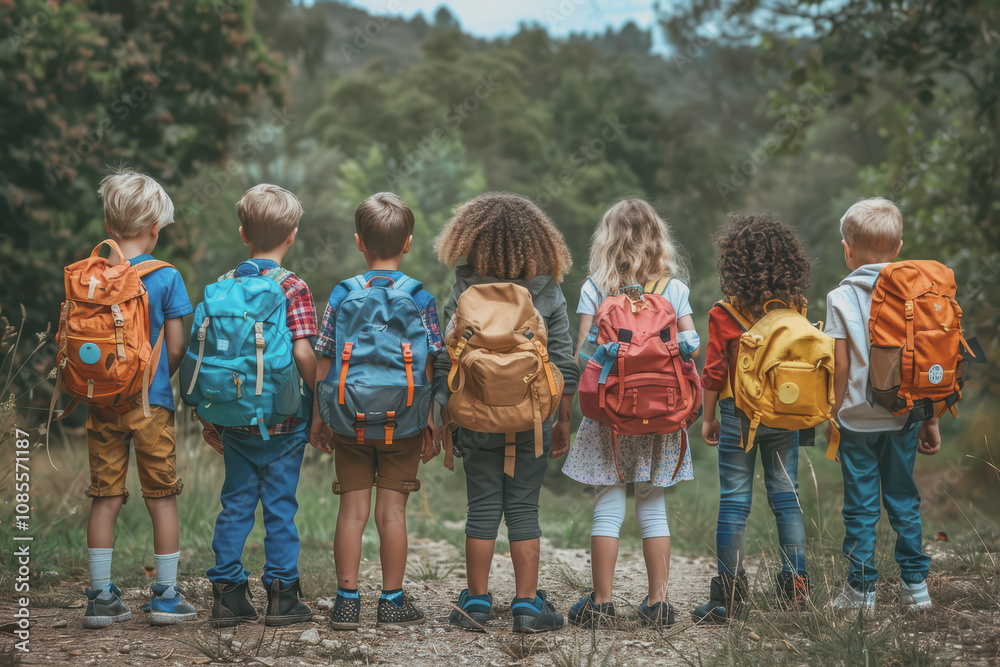 A group of children with backpacks standing in the park near the school. A group of children with backpacks standing in the park near the school.