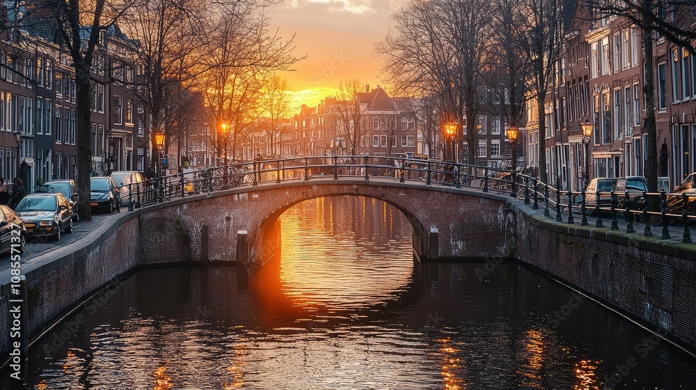 Fototapeta premium Romantic Bridge with Decorative Lamps at Sunset