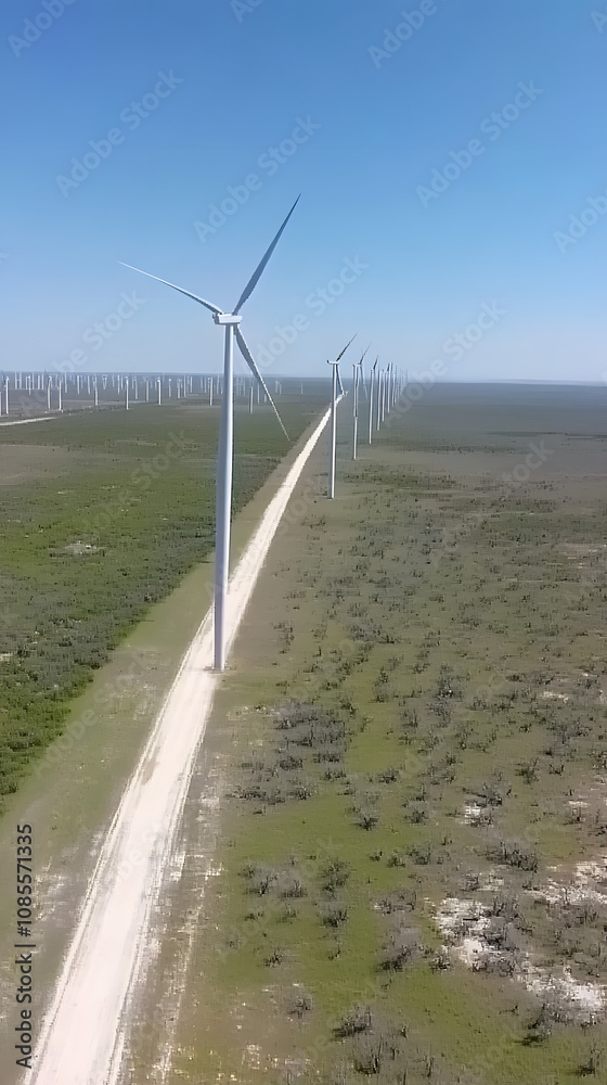 Aerial view of a wind farm with rows of wind turbines spinning in a vast landscape, with green fields and clear skies.
Aerial view of a wind farm with rows of wind turbines spinning in a vast landscape, with green fields and clear skies.