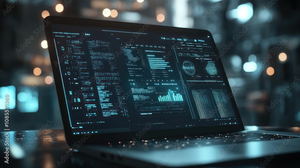 Laptop displaying data analytics and visualizations. Laptop displaying data analytics and visualizations.