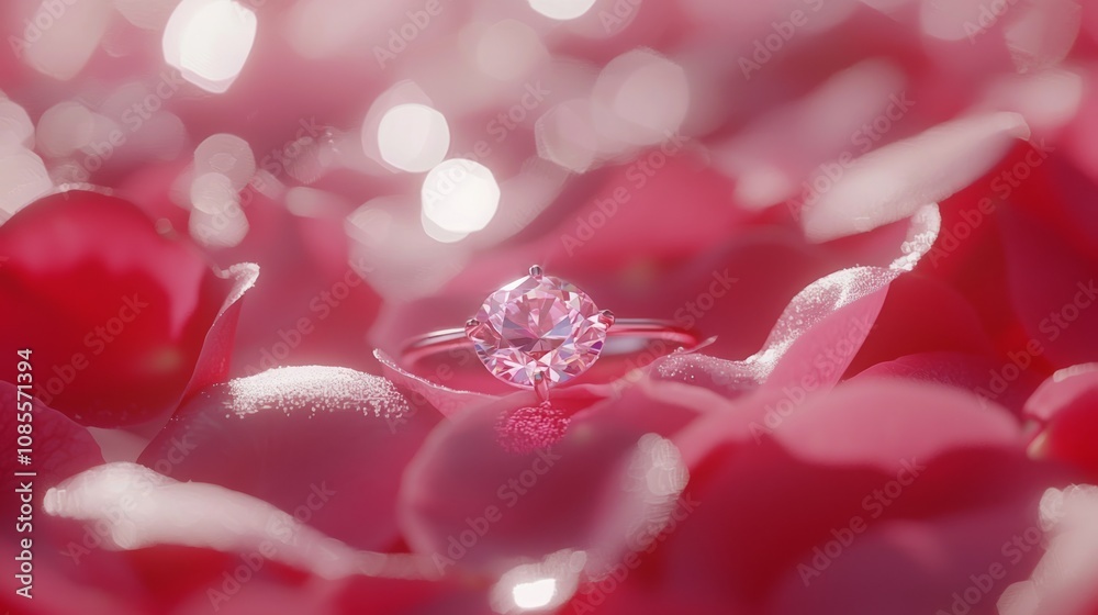 Sparkling Diamond Ring in Rose Petals Bed, Magical Love Commitment Close-Up Photo with Soft Bokeh Background Sparkling Diamond Ring in Rose Petals Bed, Magical Love Commitment Close-Up Photo with Soft Bokeh Background