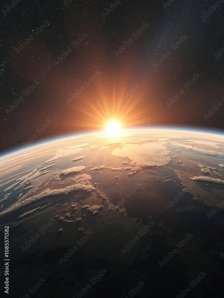 Sunrise over Earth in outer space with beautiful colors and glowing atmosphere, planet Earth Sunrise over Earth in outer space with beautiful colors and glowing atmosphere, planet Earth