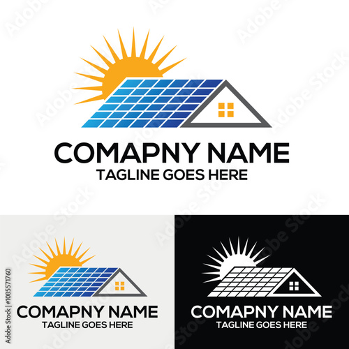 Solar panel energy house with sunlight logo design template