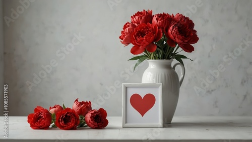 Red peonies in a vase and red heart, white house on a white table with copy space.Mock up for displaying works. Valentine's day holiday background concept