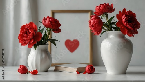 Red peonies in a vase and red heart, white house on a white table with copy space.Mock up for displaying works. Valentine's day holiday background concept