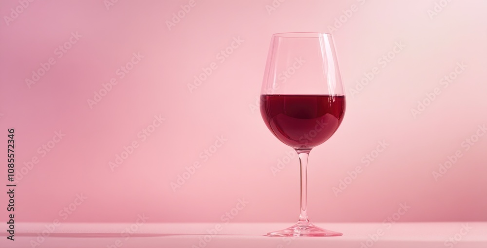 Close-up of a glass of red wine on a pink background, a banner for a party or celebration.
