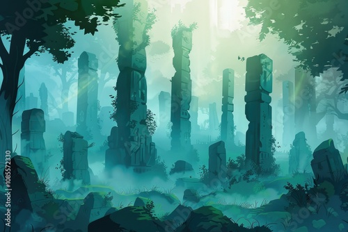 A Misty Forest with Tall Stone Pillars