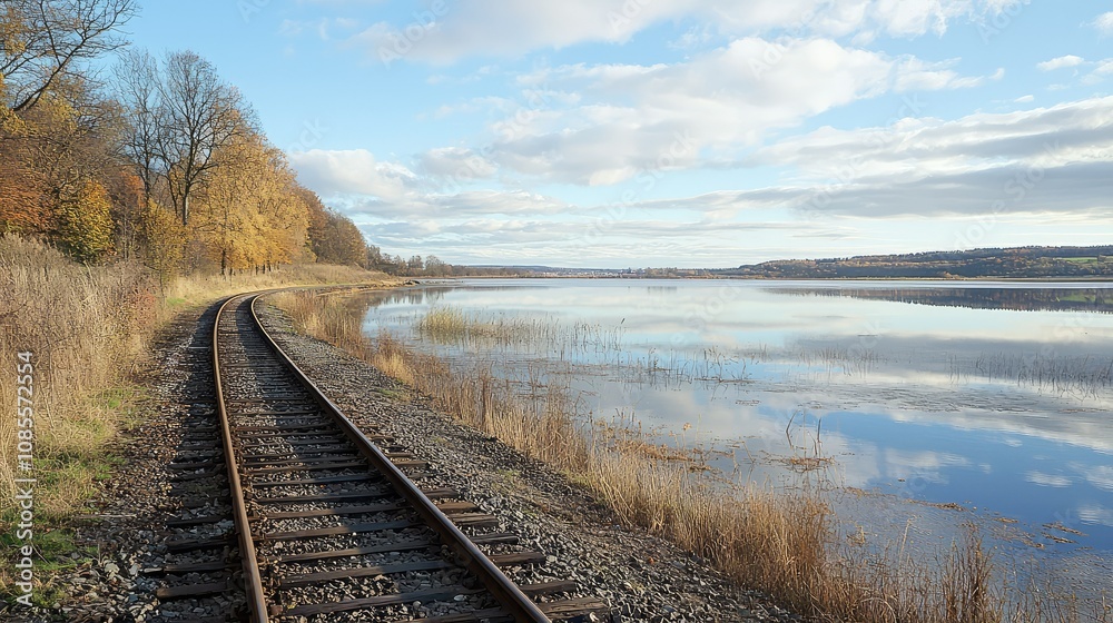 Fototapeta premium Scenic Lake View with Railway Track Alongside
