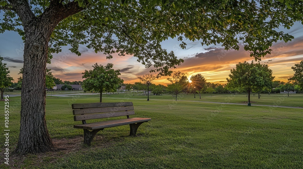 Peaceful Park Bench Beneath a Tree at Sunset Peaceful Park Bench Beneath a Tree at Sunset