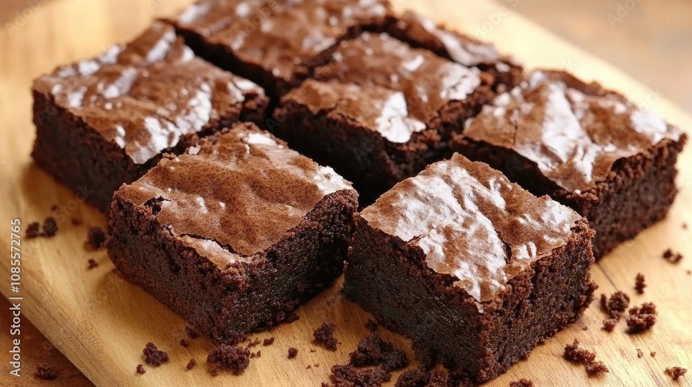 Deliciously Rich Brownies Cut in Perfect Squares on Wooden Cutting Board Surrounded by Crumb Texture and Natural Light for Culinary Delight Deliciously Rich Brownies Cut in Perfect Squares on Wooden Cutting Board Surrounded by Crumb Texture and Natural Light for Culinary Delight