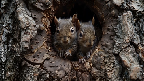Two baby squirrels peeking out from a cozy tree hollow, sitting close together in a forest.