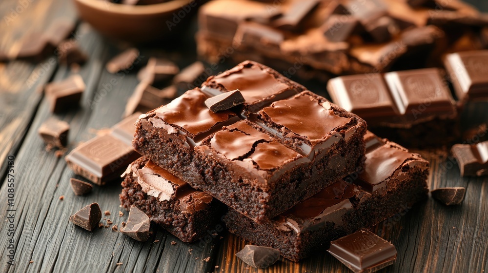 Deliciously decadent chocolate brownies arranged on a rustic wooden surface, surrounded by chocolate pieces and a bowl of chocolate chunks, perfect for dessert lovers. Deliciously decadent chocolate brownies arranged on a rustic wooden surface, surrounded by chocolate pieces and a bowl of chocolate chunks, perfect for dessert lovers.