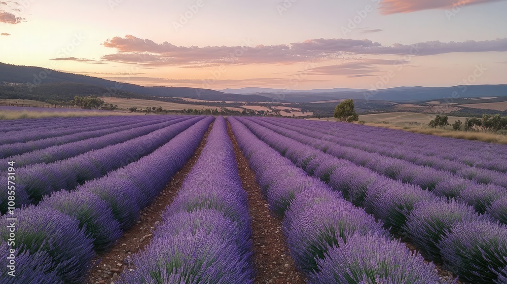 Lavender fields in full bloom stretching toward the horizon at sunset