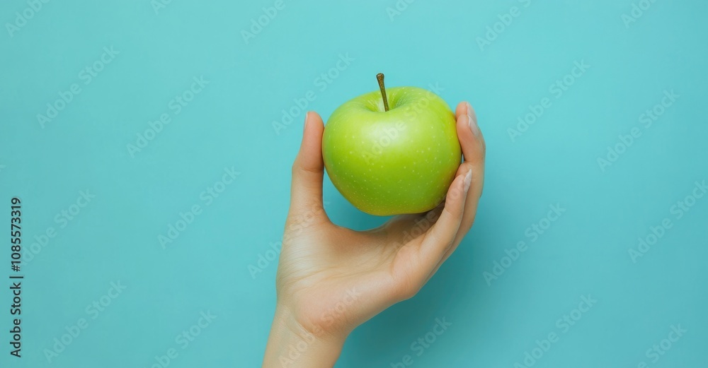 A woman's hand holding a green apple on a blue background. A woman's hand holding a green apple on a blue background.