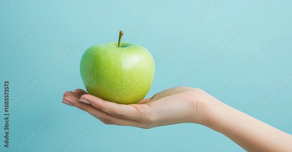 A woman's hand holding a green apple on a blue background. A woman's hand holding a green apple on a blue background.