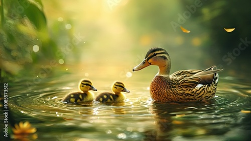 Mother duck and duckling wading through water, ripples gently surrounding them, creating a calm scene. photo