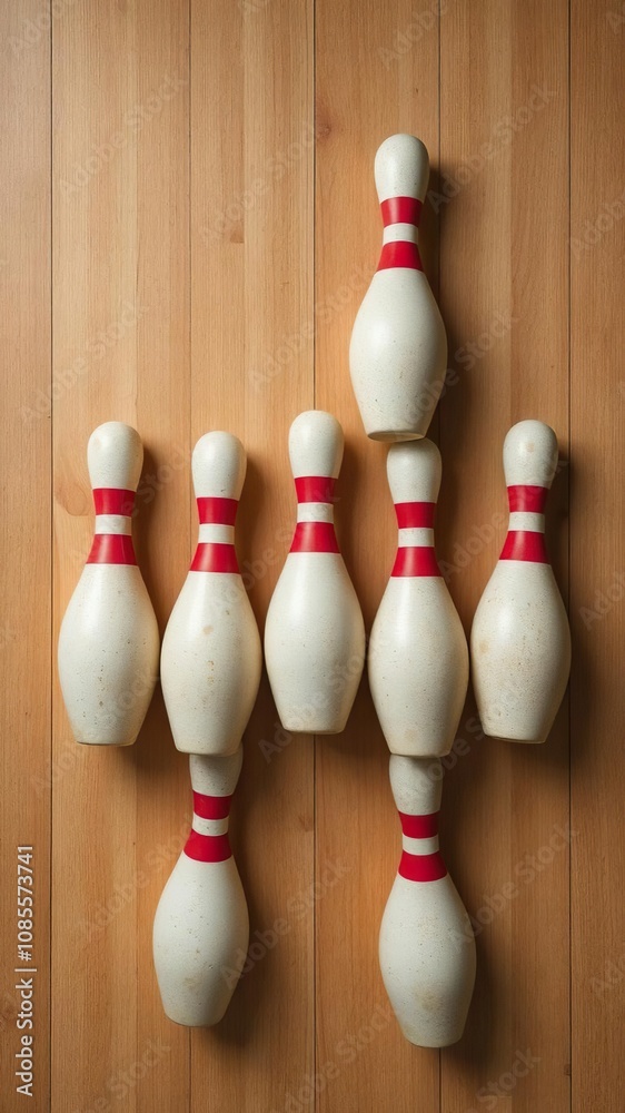 Overhead view of classic ten pin bowling pins set up in formation, pins, game Overhead view of classic ten pin bowling pins set up in formation, pins, game