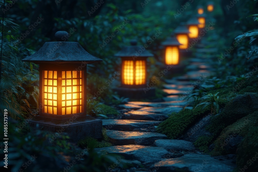 Glowing lanterns line a tranquil stone pathway. Glowing lanterns line a tranquil stone pathway.