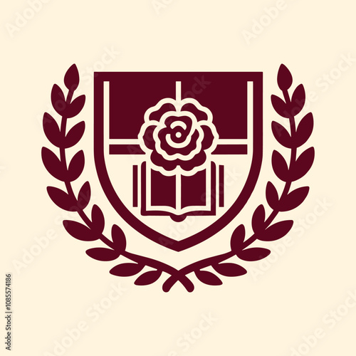 shield with a book and a rose, coat of arms style, academy emblem logo design