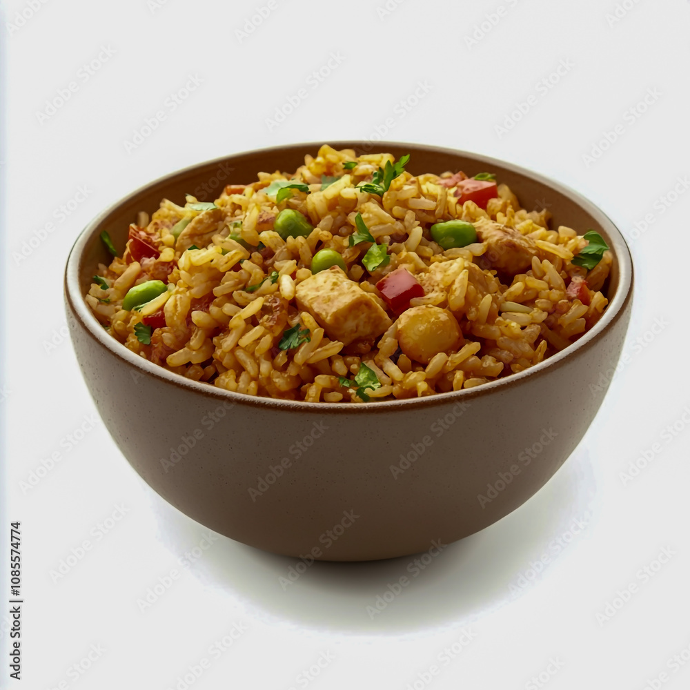 Bowl of flavorful jambalaya rice, isolated on a white background
