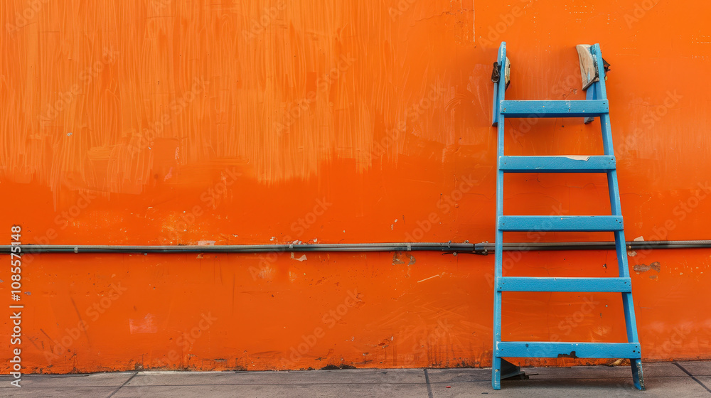 blue ladder in front of orange wall blue ladder in front of orange wall
