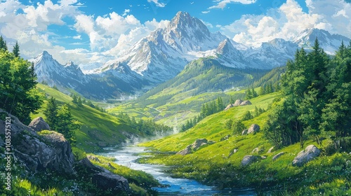 Serene Mountain Landscape with Flowing River