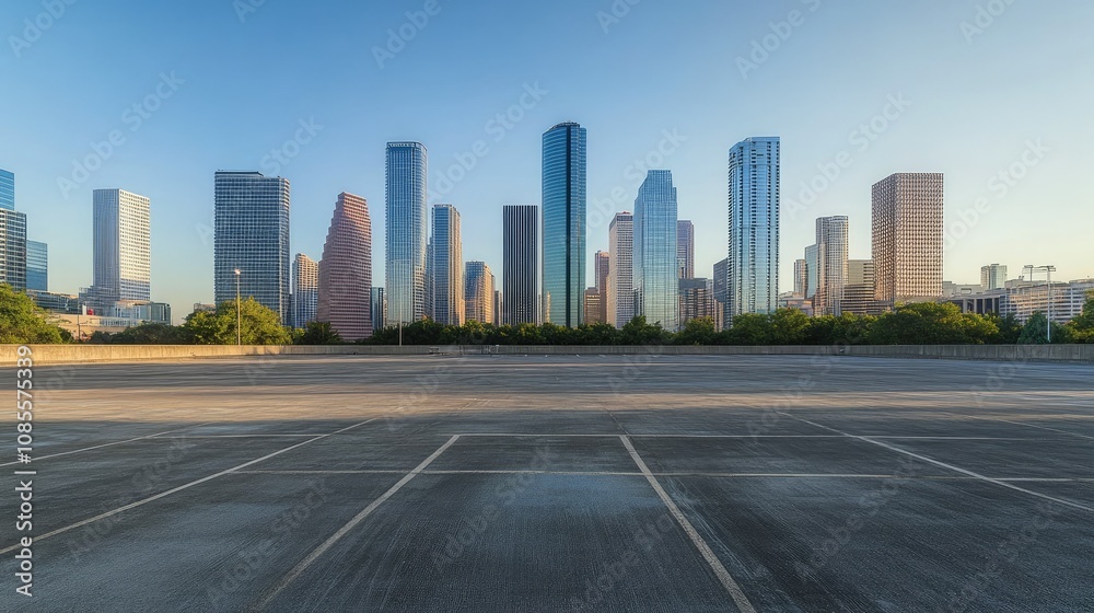 Open parking lot with a panoramic view of an urban skyline, tall glass buildings glistening in the morning sun. Open parking lot with a panoramic view of an urban skyline, tall glass buildings glistening in the morning sun.