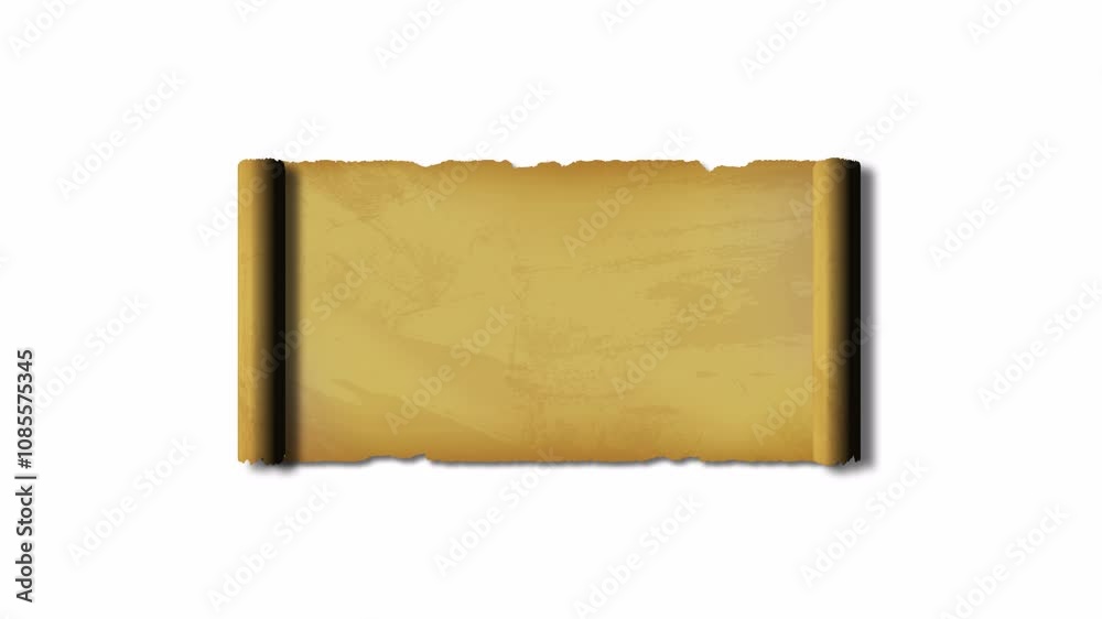 Scrolls Unroll. Unrolling scrolls Video. Unrolled scroll with alpha channel. Old paper scroll texture. Scroll on a transparent background.