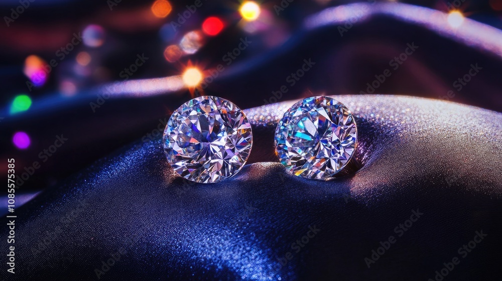 Close-up View of Sparkling Diamonds Resting on Luxurious Fabric Surrounded by Colorful Bokeh Lights Creating a Glamorous and Elegant Atmosphere Close-up View of Sparkling Diamonds Resting on Luxurious Fabric Surrounded by Colorful Bokeh Lights Creating a Glamorous and Elegant Atmosphere
