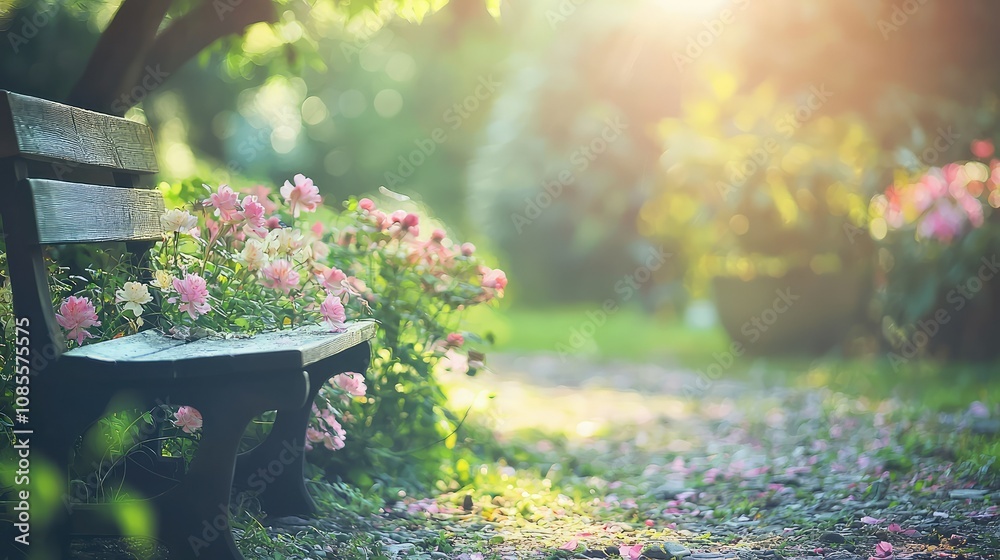 Obraz premium Serene Wooden Bench in a Blooming Garden