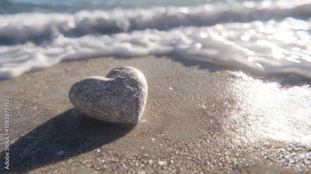 Obraz premium Serene Love: Heart-Shaped Rock on Sandy Beach with Gentle Waves in Background Symbolizing Eternal Love and Natural Beauty