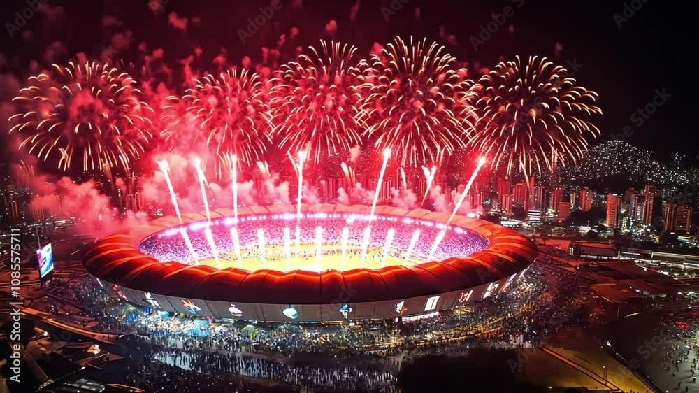 A stadium filled with people and fireworks