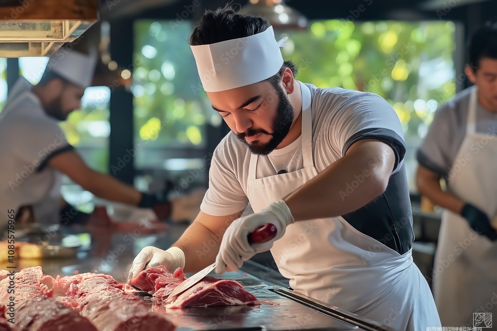 Skilled chef masterfully slicing fresh tuna in bustling restaurant kitchen Skilled chef masterfully slicing fresh tuna in bustling restaurant kitchen
